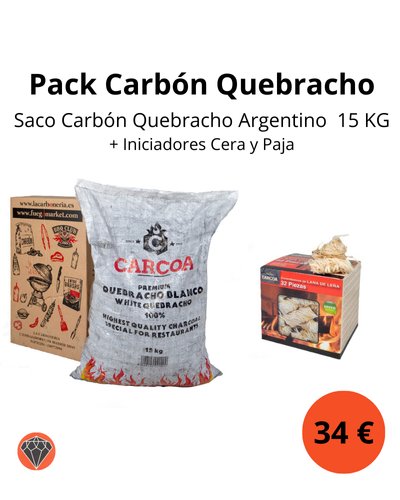 Oferta saco de Carbón Quebracho Argentino 15 kg + Iniciadores Paja y Cera
